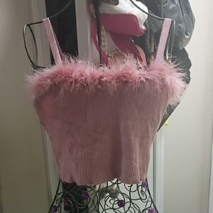 Pink Feather Trim Ribbed Crop Top